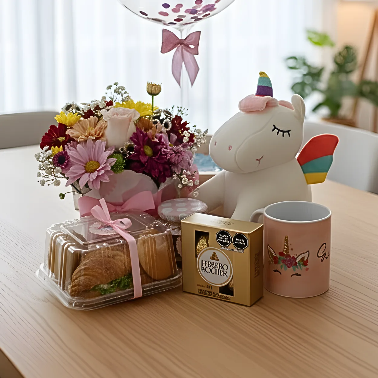 Desayuno temático de cumpleaños con unicornio y flores en Lima